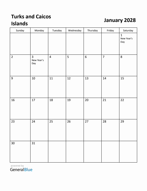 January 2028 Calendar with Turks and Caicos Islands Holidays