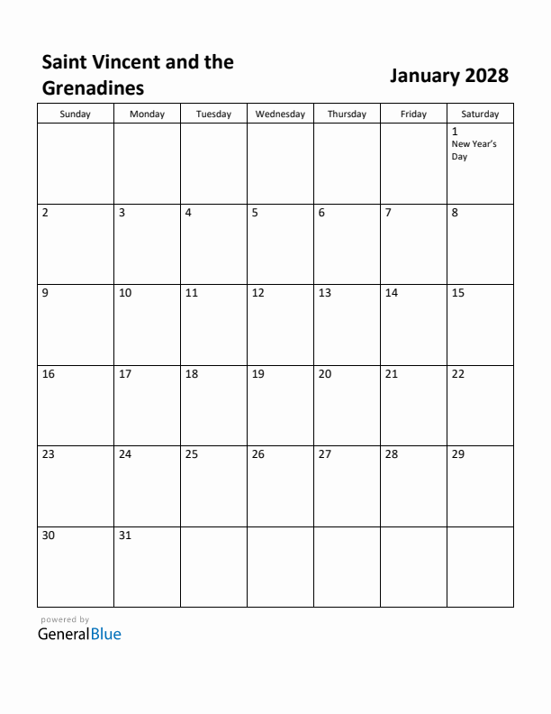 January 2028 Calendar with Saint Vincent and the Grenadines Holidays