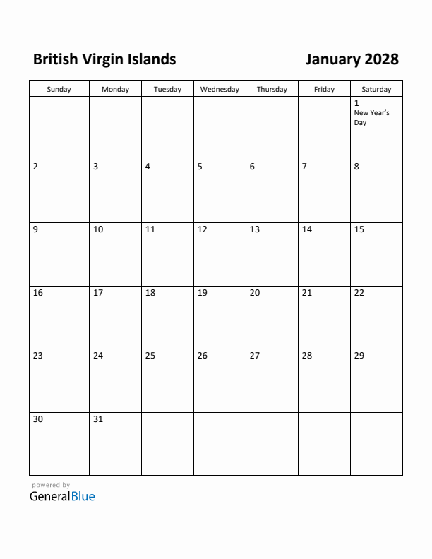 January 2028 Calendar with British Virgin Islands Holidays