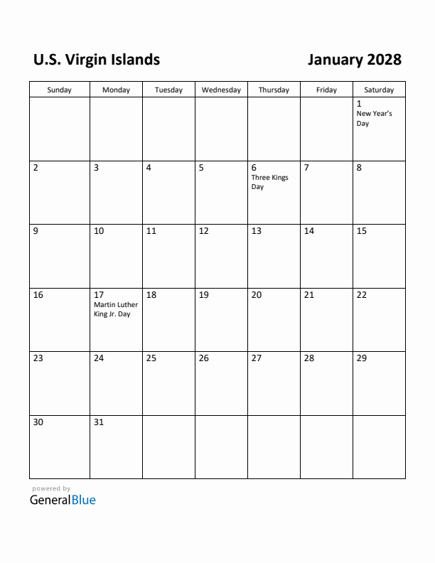 January 2028 Calendar with U.S. Virgin Islands Holidays
