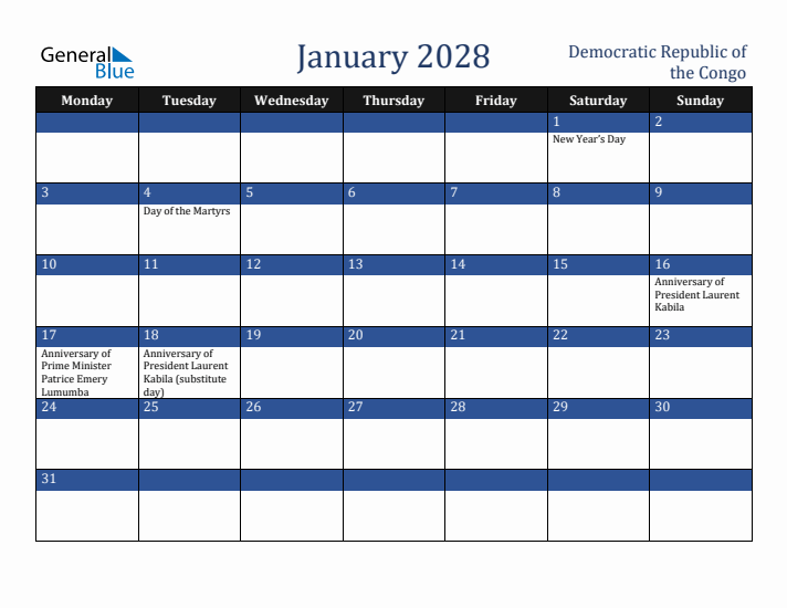January 2028 Democratic Republic of the Congo Calendar (Monday Start)