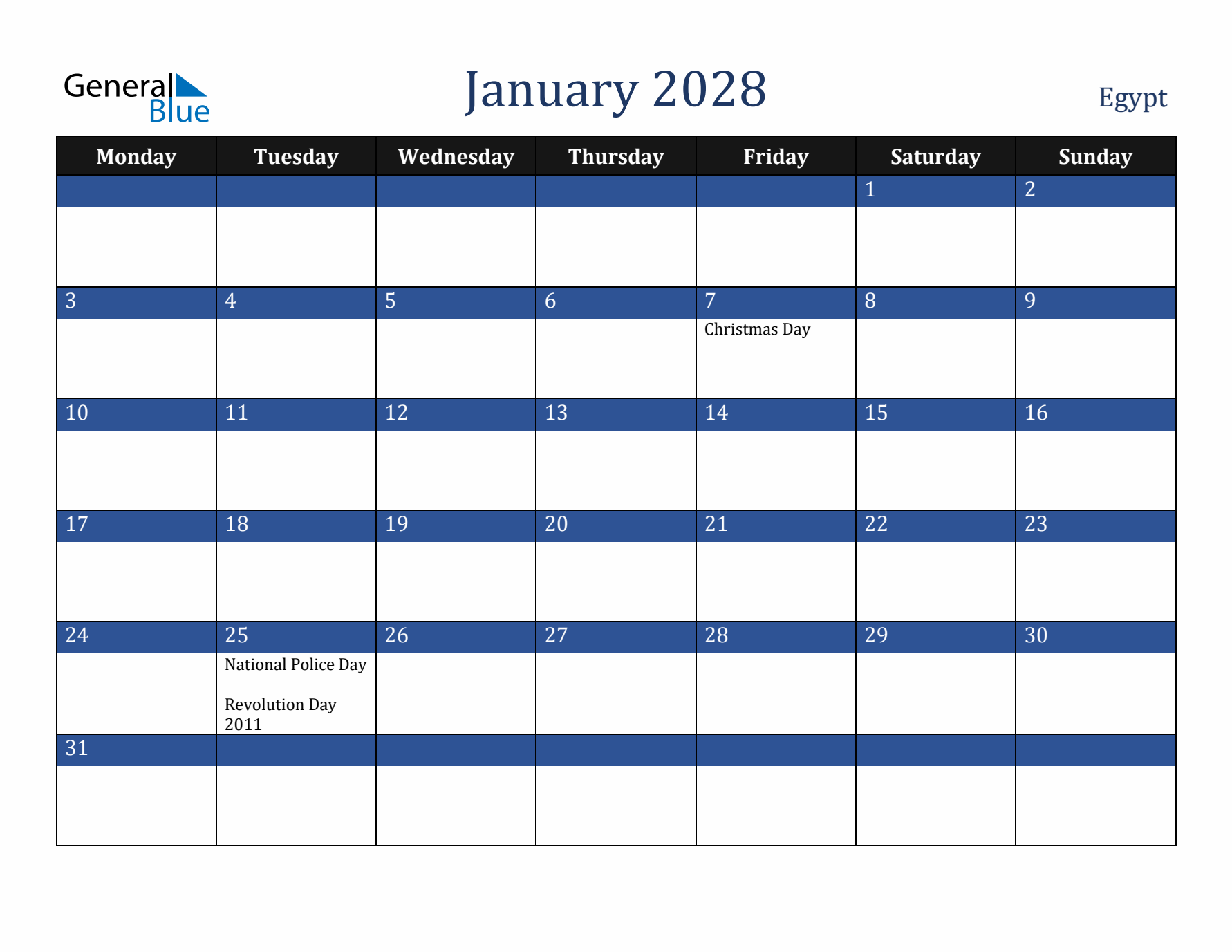 January 2028 Egypt Calendar (Monday Start)