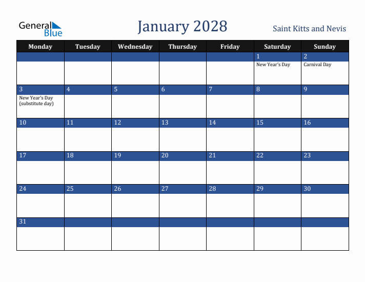 January 2028 Saint Kitts and Nevis Calendar (Monday Start)