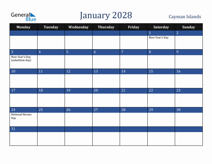 January 2028 Cayman Islands Calendar (Monday Start)