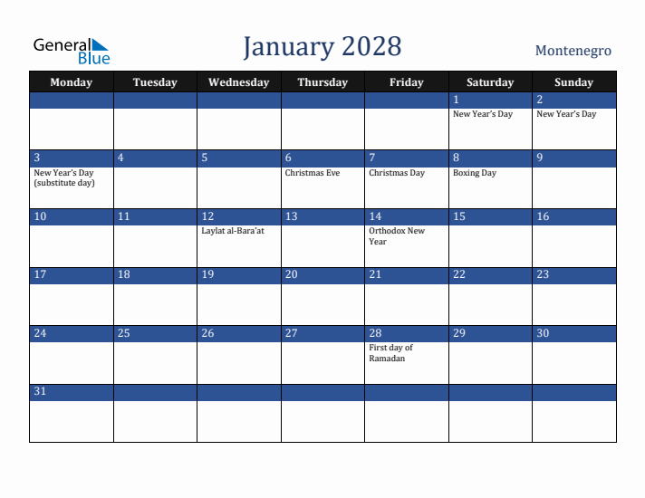 January 2028 Montenegro Calendar (Monday Start)