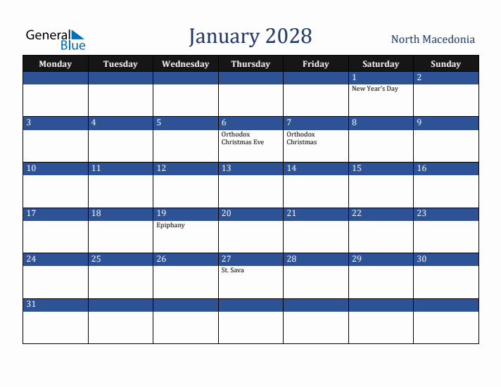 January 2028 North Macedonia Calendar (Monday Start)