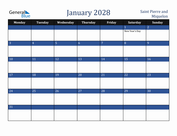 January 2028 Saint Pierre and Miquelon Calendar (Monday Start)