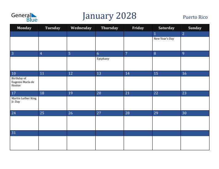 January 2028 Puerto Rico Calendar (Monday Start)