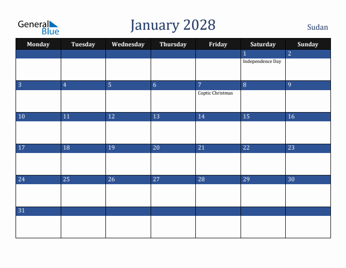January 2028 Sudan Calendar (Monday Start)