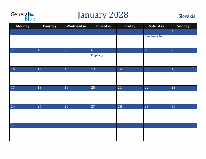 January 2028 Slovakia Calendar (Monday Start)