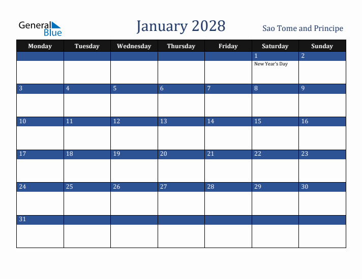 January 2028 Sao Tome and Principe Calendar (Monday Start)