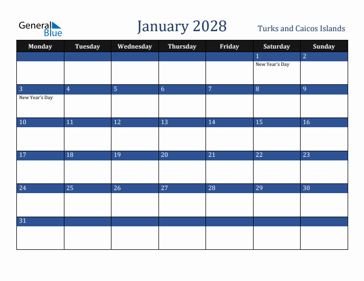 January 2028 Turks and Caicos Islands Calendar (Monday Start)