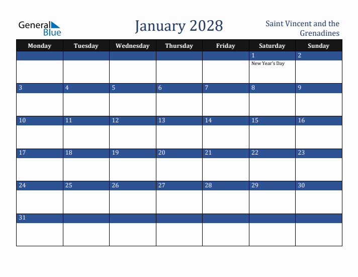 January 2028 Saint Vincent and the Grenadines Calendar (Monday Start)