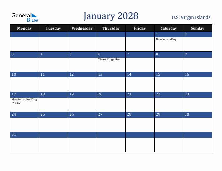 January 2028 U.S. Virgin Islands Calendar (Monday Start)
