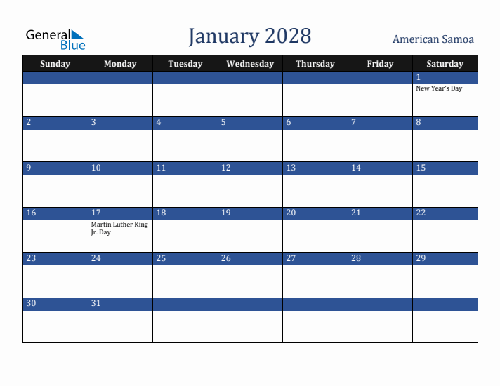 January 2028 American Samoa Calendar (Sunday Start)