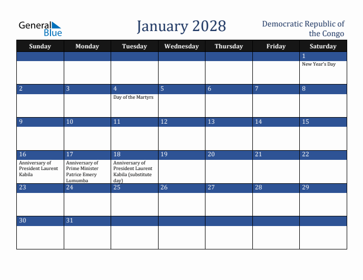 January 2028 Democratic Republic of the Congo Calendar (Sunday Start)