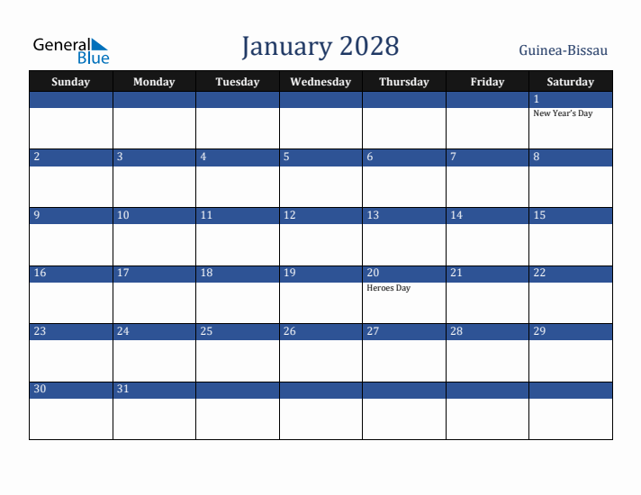 January 2028 Guinea-Bissau Calendar (Sunday Start)