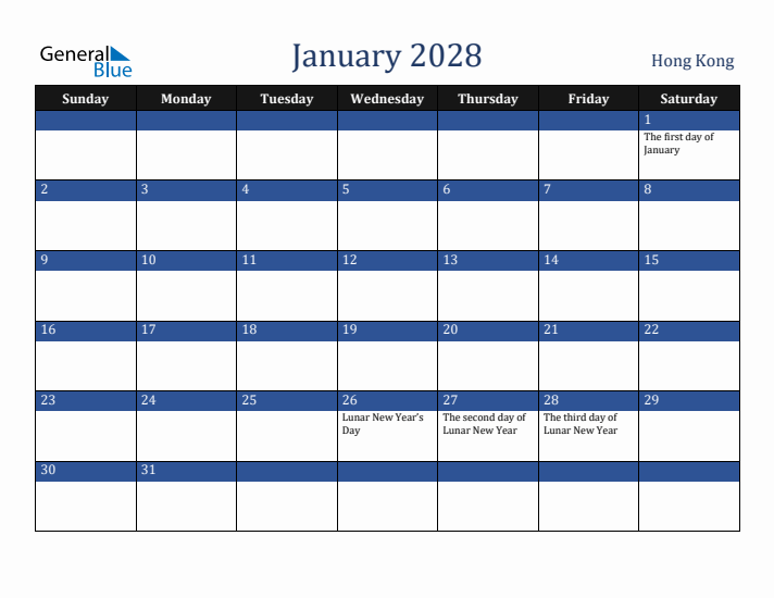 January 2028 Hong Kong Calendar (Sunday Start)