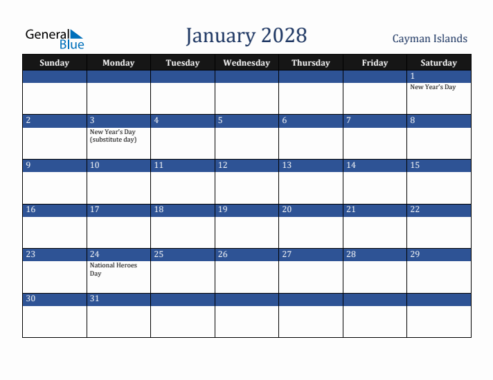 January 2028 Cayman Islands Calendar (Sunday Start)