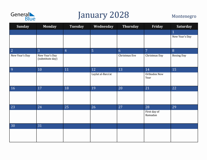 January 2028 Montenegro Calendar (Sunday Start)