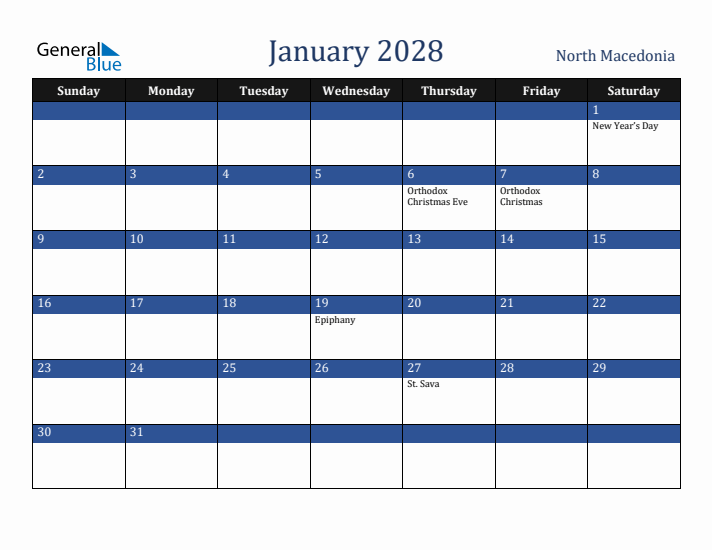 January 2028 North Macedonia Calendar (Sunday Start)