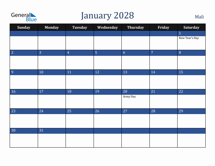 January 2028 Mali Calendar (Sunday Start)