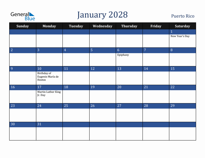 January 2028 Puerto Rico Calendar (Sunday Start)