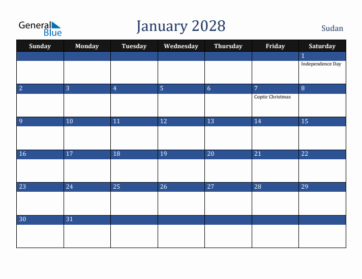 January 2028 Sudan Calendar (Sunday Start)