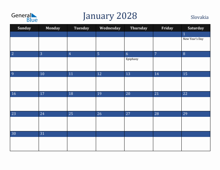 January 2028 Slovakia Calendar (Sunday Start)