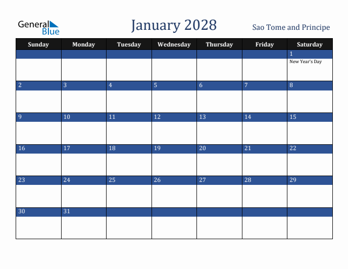 January 2028 Sao Tome and Principe Calendar (Sunday Start)