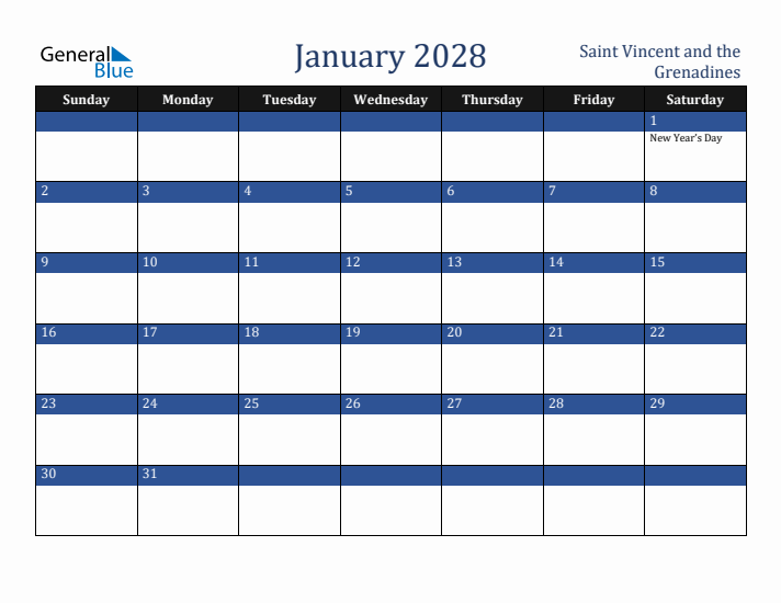 January 2028 Saint Vincent and the Grenadines Calendar (Sunday Start)