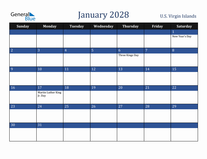 January 2028 U.S. Virgin Islands Calendar (Sunday Start)