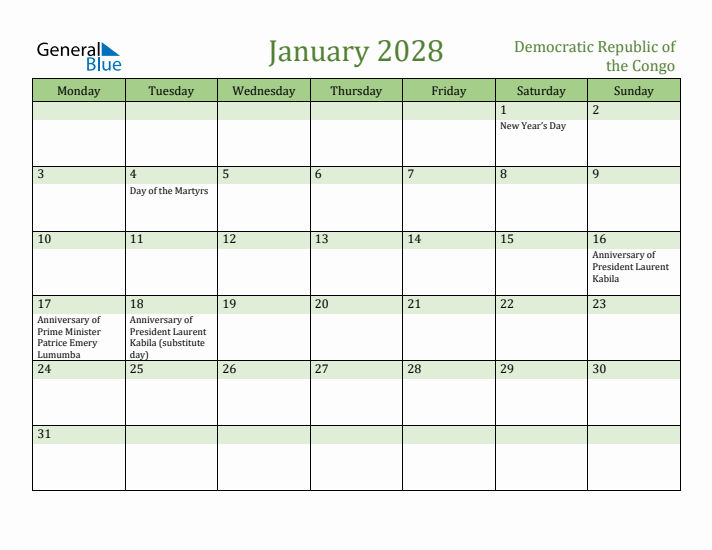 January 2028 Calendar with Democratic Republic of the Congo Holidays