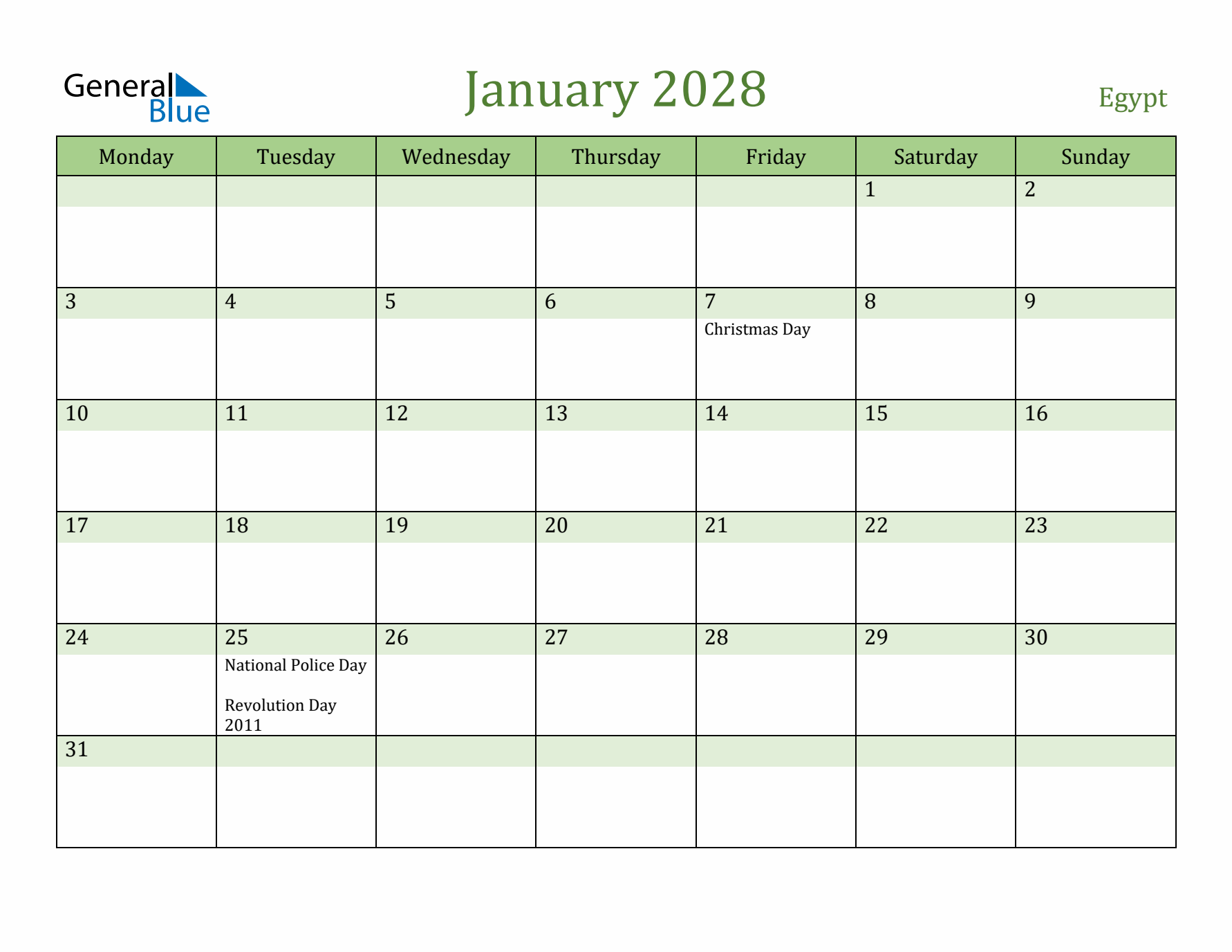 January 2028 Calendar with Egypt Holidays