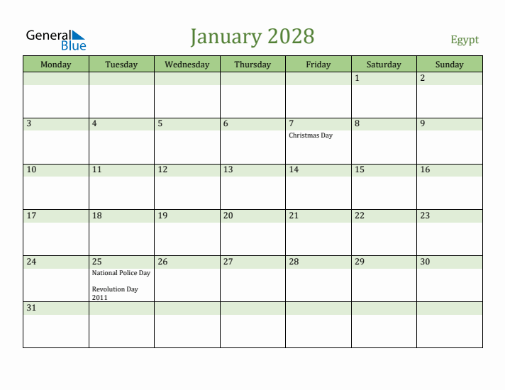 January 2028 Calendar with Egypt Holidays