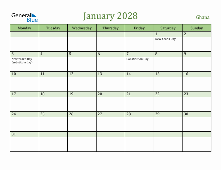 January 2028 Calendar with Ghana Holidays