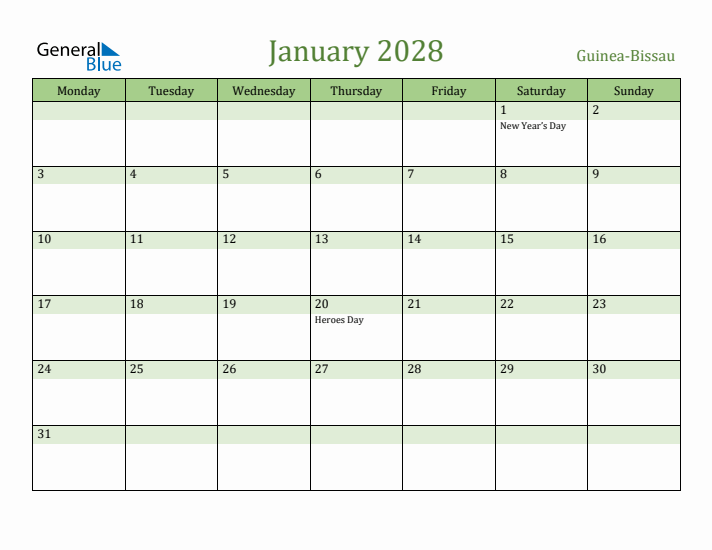 January 2028 Calendar with Guinea-Bissau Holidays