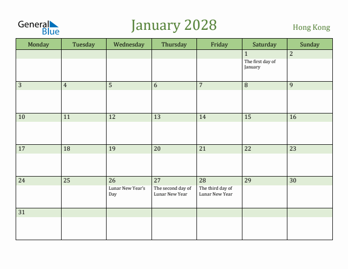 January 2028 Calendar with Hong Kong Holidays