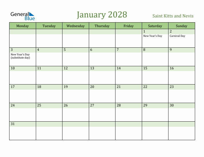 January 2028 Calendar with Saint Kitts and Nevis Holidays