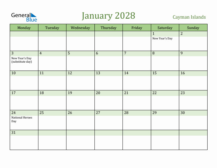 January 2028 Calendar with Cayman Islands Holidays