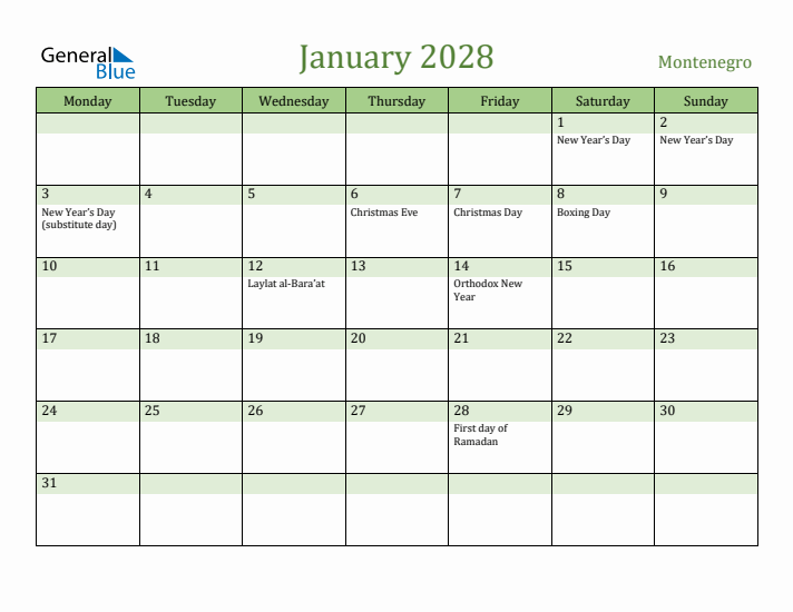 January 2028 Calendar with Montenegro Holidays