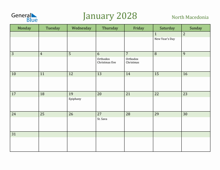January 2028 Calendar with North Macedonia Holidays