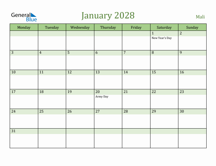January 2028 Calendar with Mali Holidays