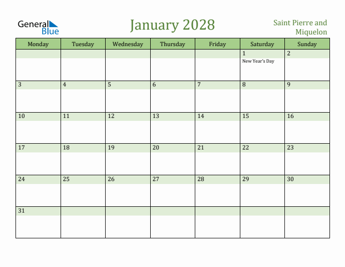 January 2028 Calendar with Saint Pierre and Miquelon Holidays