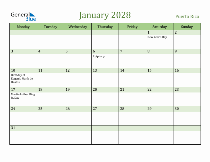 January 2028 Calendar with Puerto Rico Holidays