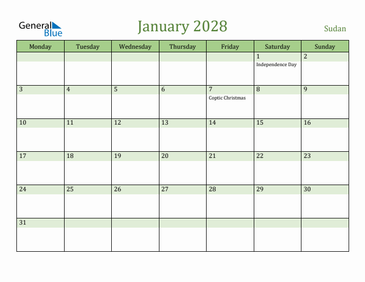 January 2028 Calendar with Sudan Holidays