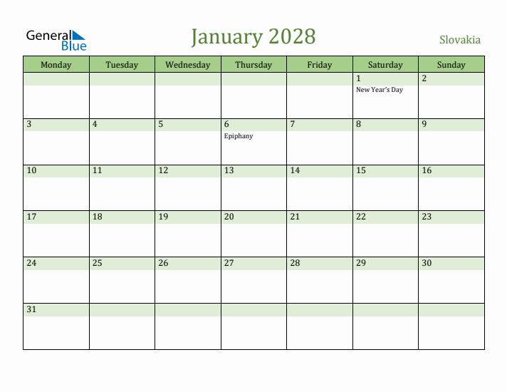 January 2028 Calendar with Slovakia Holidays