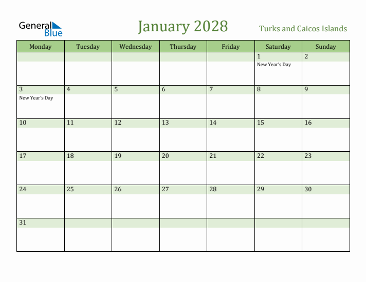 January 2028 Calendar with Turks and Caicos Islands Holidays