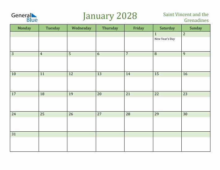 January 2028 Calendar with Saint Vincent and the Grenadines Holidays