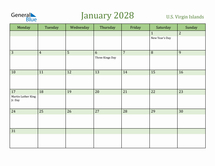 January 2028 Calendar with U.S. Virgin Islands Holidays